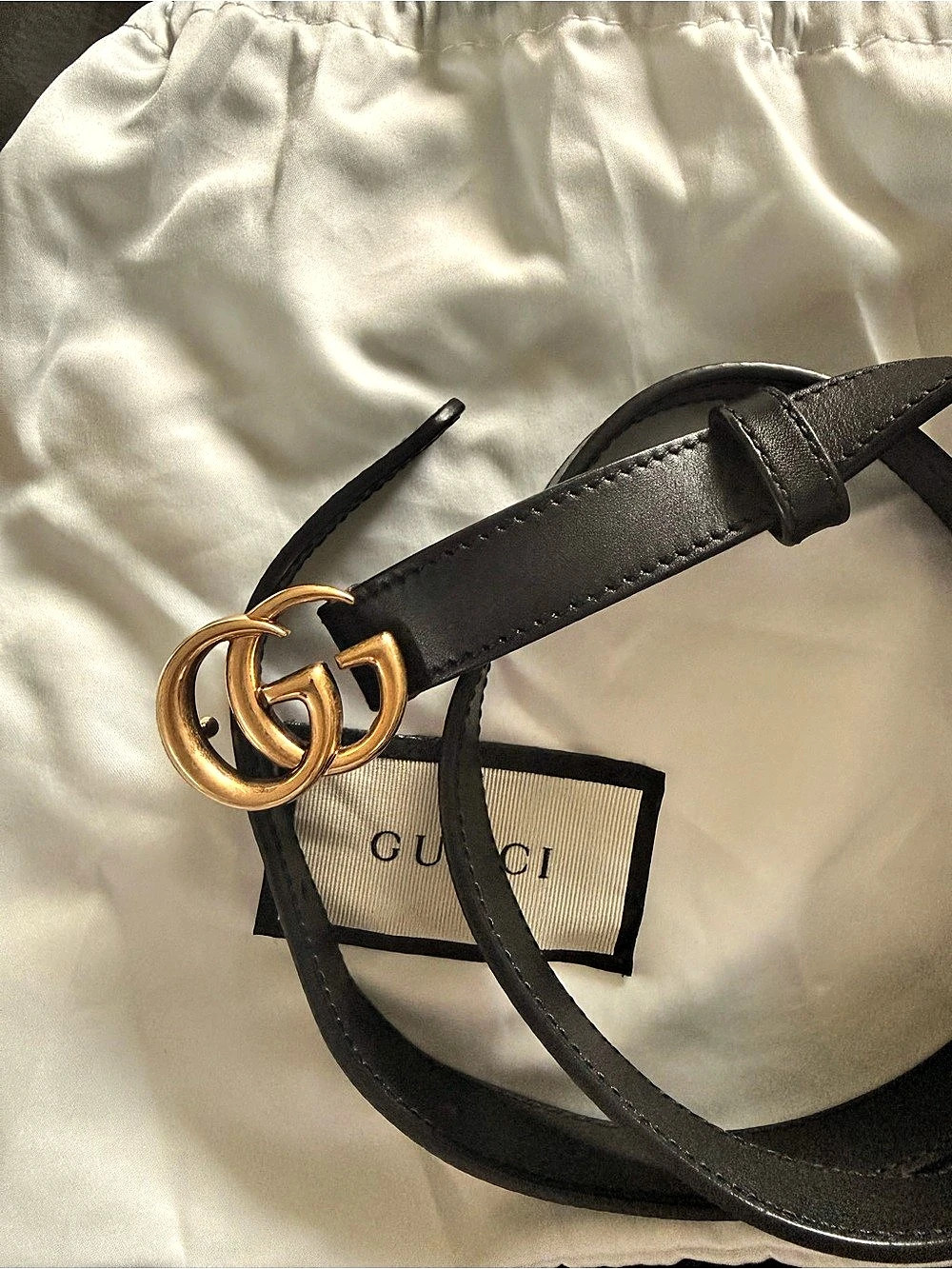 Gucci GG Marmont Thin Leather Belt Double G Black & Gold Belt Waist 80/32